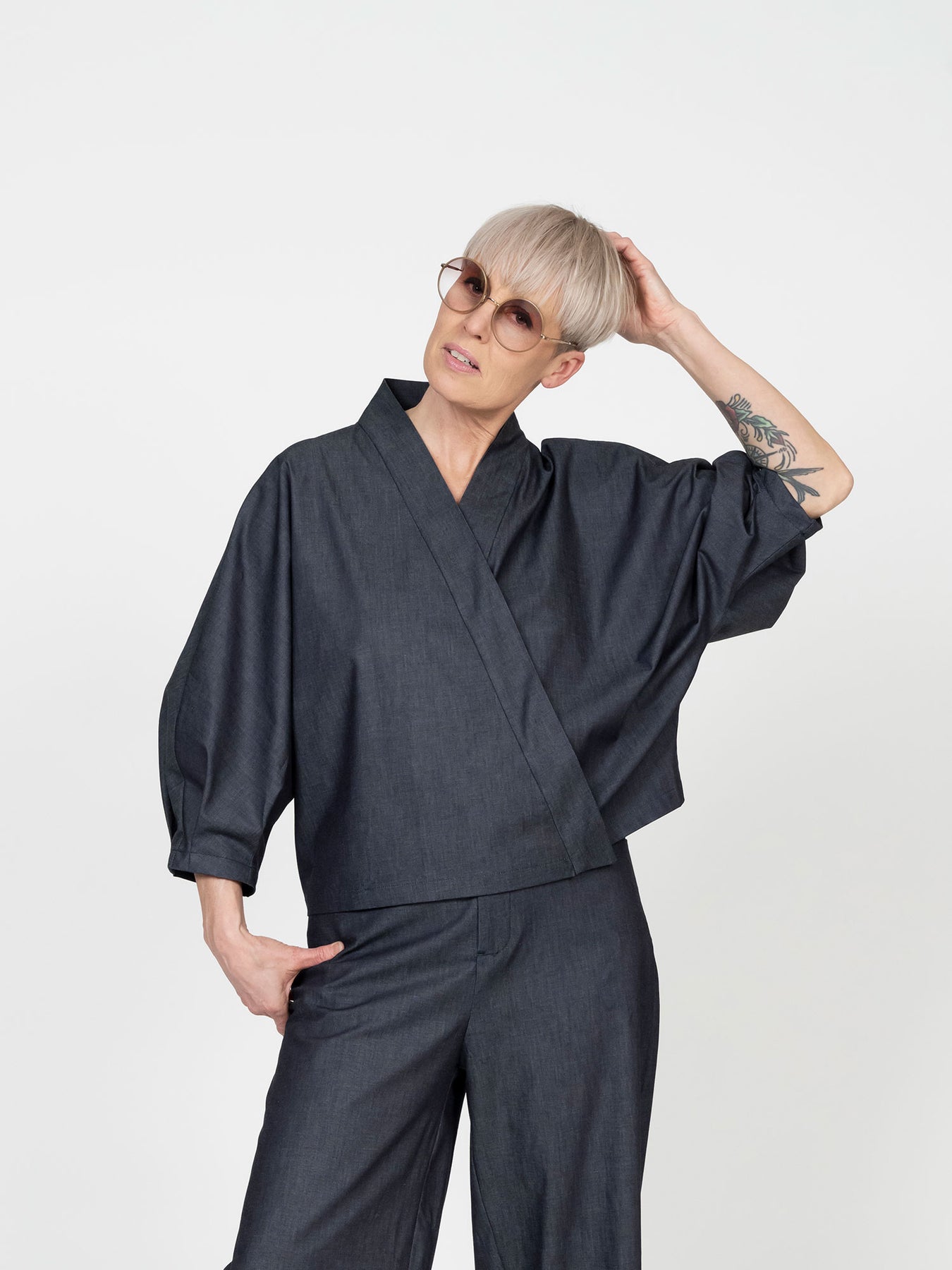 A photo of a finished Cross-Over Shirt.