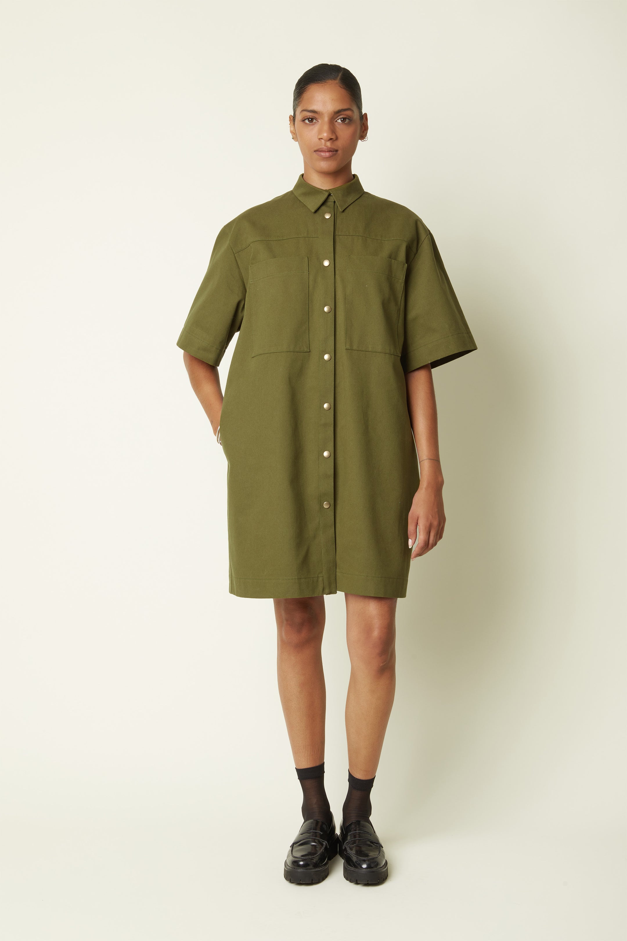 A photo of a finished La Petite Robe Shirtdress.