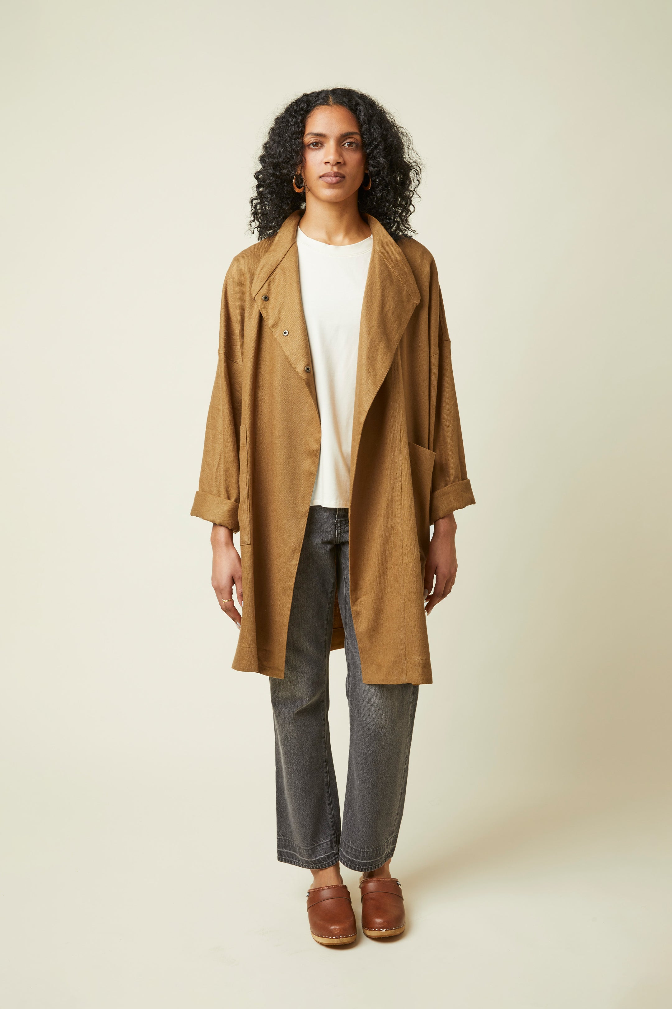 A photo of a finished La Veste Troublante Coat.