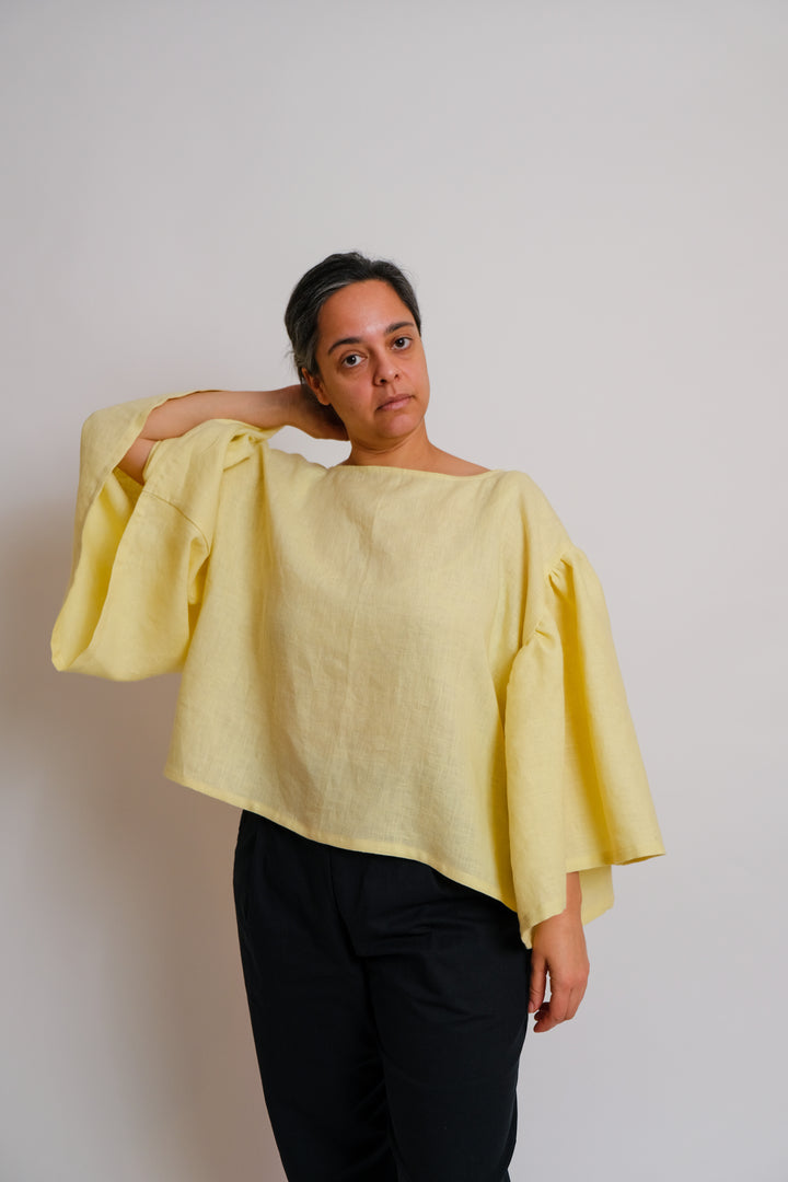 A photo of a finished ZW Frill Sleeve Top.