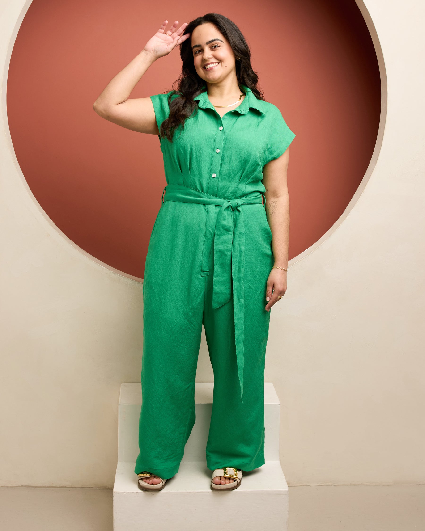 A photo of a finished Roslindale Jumpsuit.