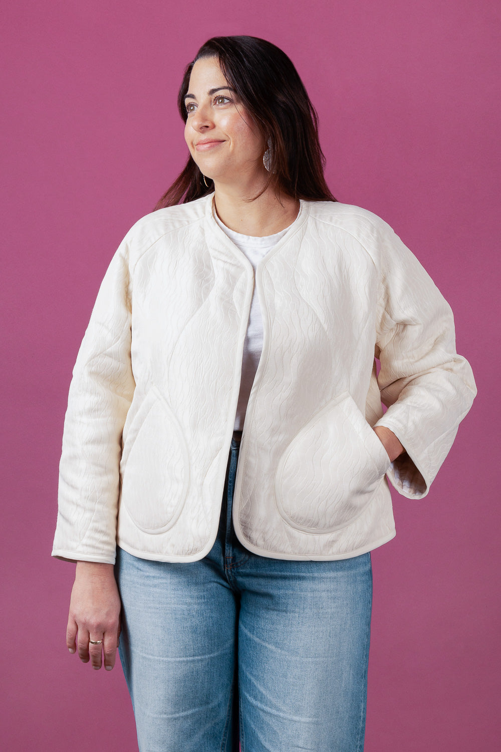 The designer's photo of a finished Parchment Quilted Jacket.