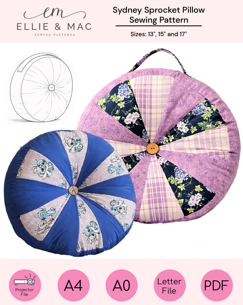 A photo of a finished Sydney Sprocket Pillow.