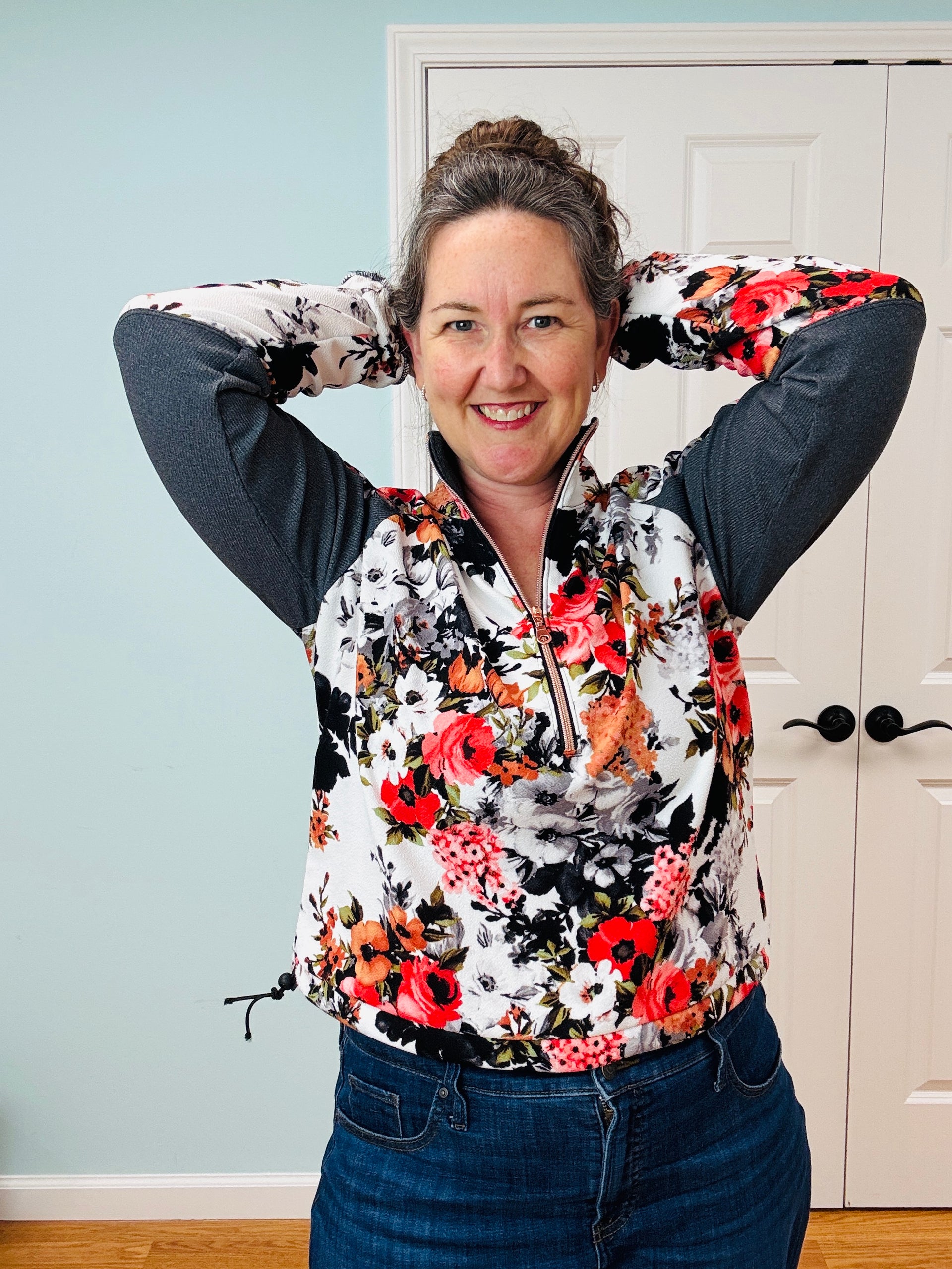 A photo of a finished Lucky Pullover.