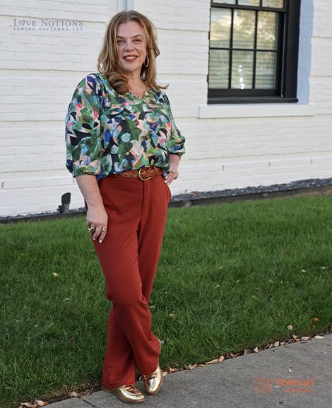 A photo of a finished Bridget Trousers.