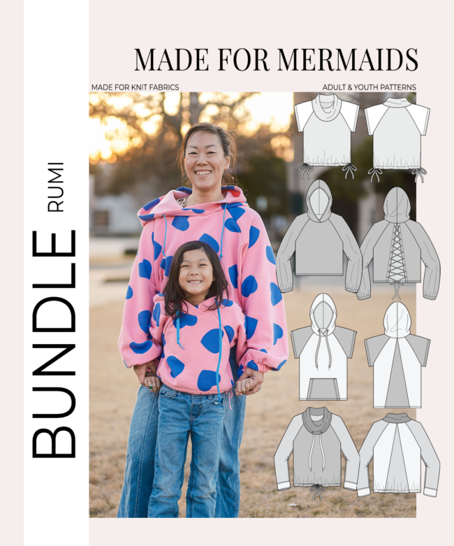 A photo of a finished Rumi Raglan Sweatshirt.