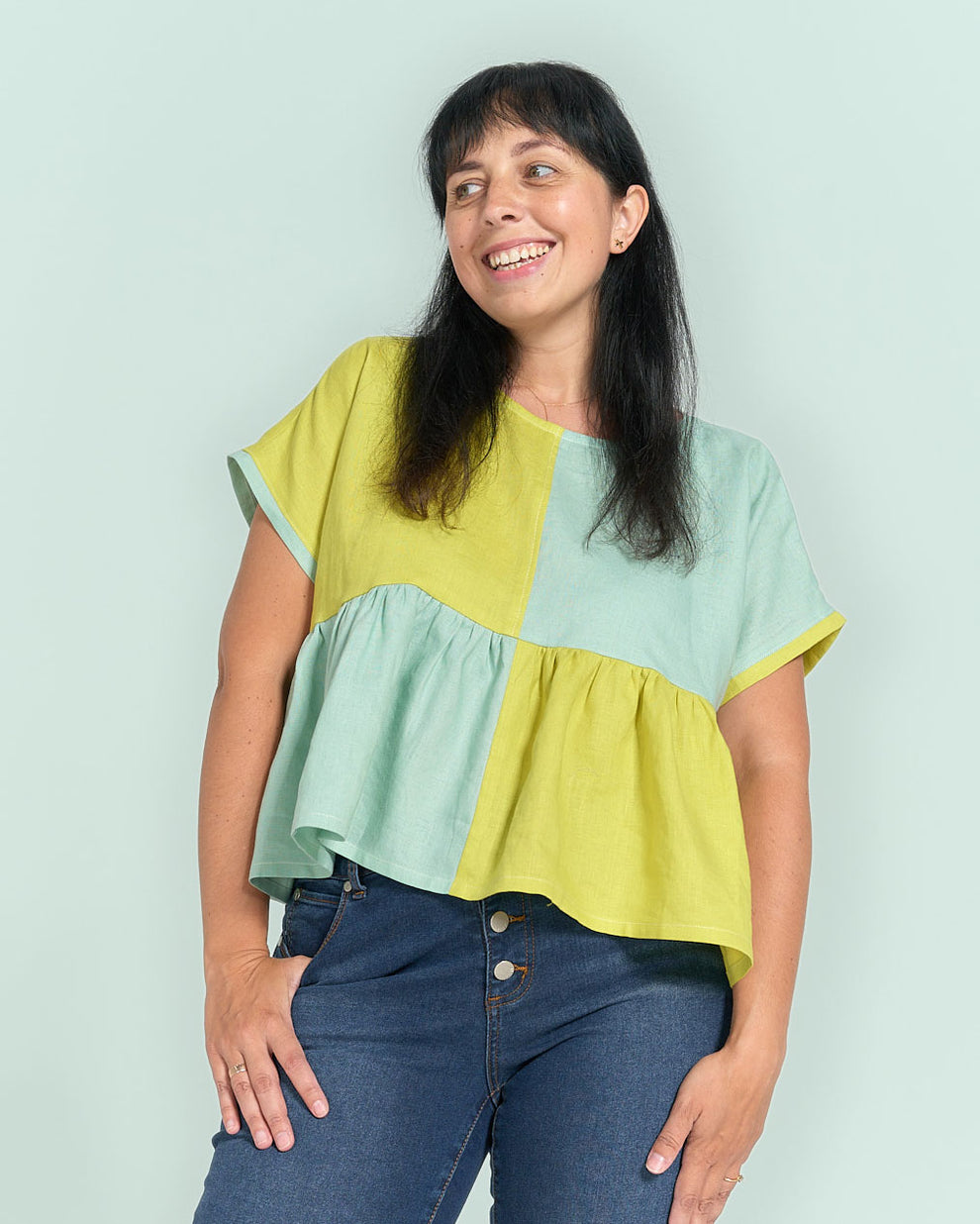 A photo of a finished Colorblock Set Top and Dress.