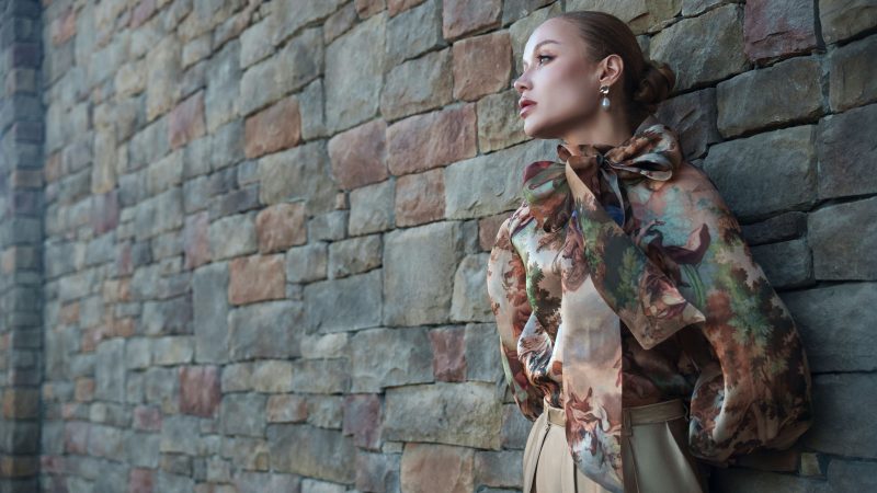 A photo of a finished Firenze Blouse and Trousers.