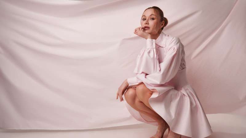 A photo of a finished Keats Shirt Dress and Corset.