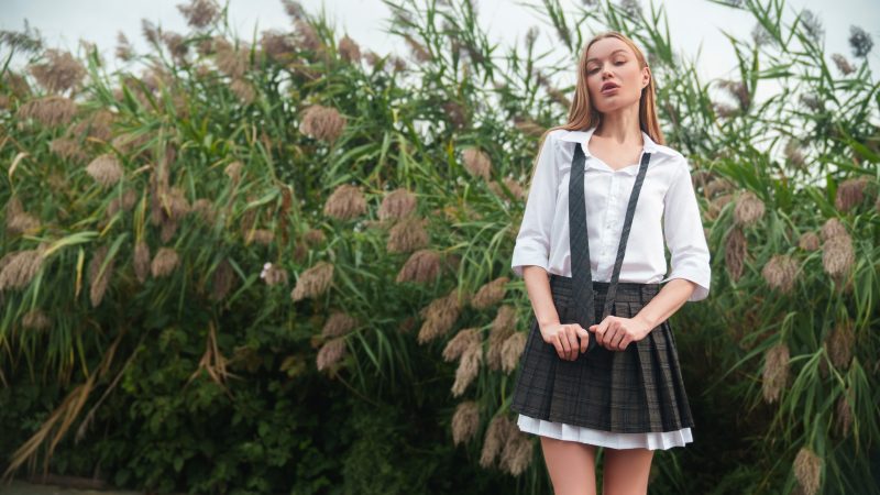 The designer's photo of a finished Oxford Pleated Skirt and Tie.