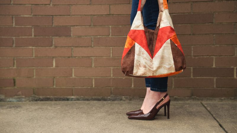 A photo of a finished Pecan Patchwork Bag.