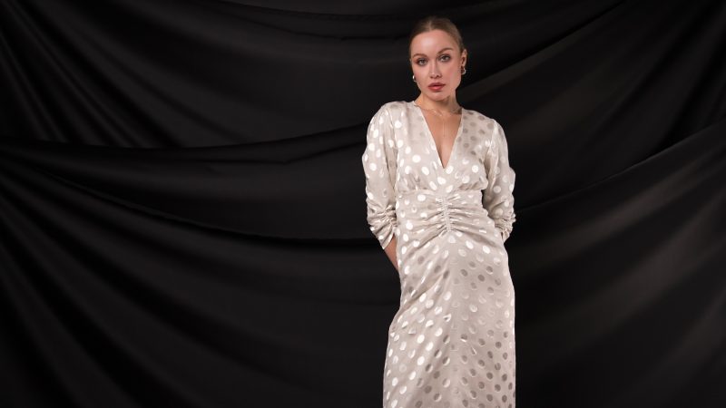 A photo of a finished Riverside Ruched Midi Dress.