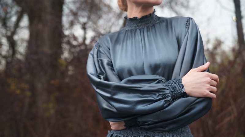 A photo of a finished Sterling Shirred Blouse and Skirt.