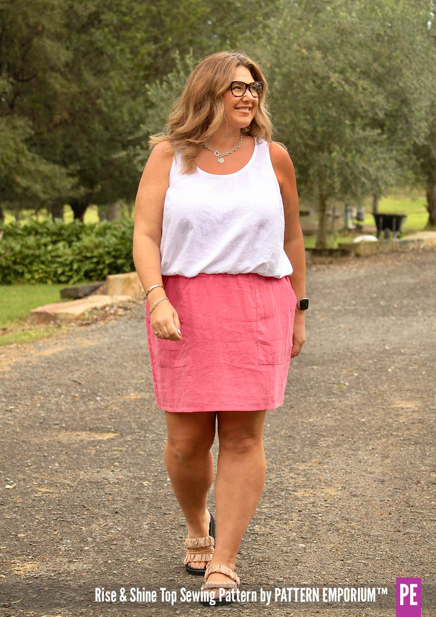 The designer's photo of a finished Rise and Shine Top.