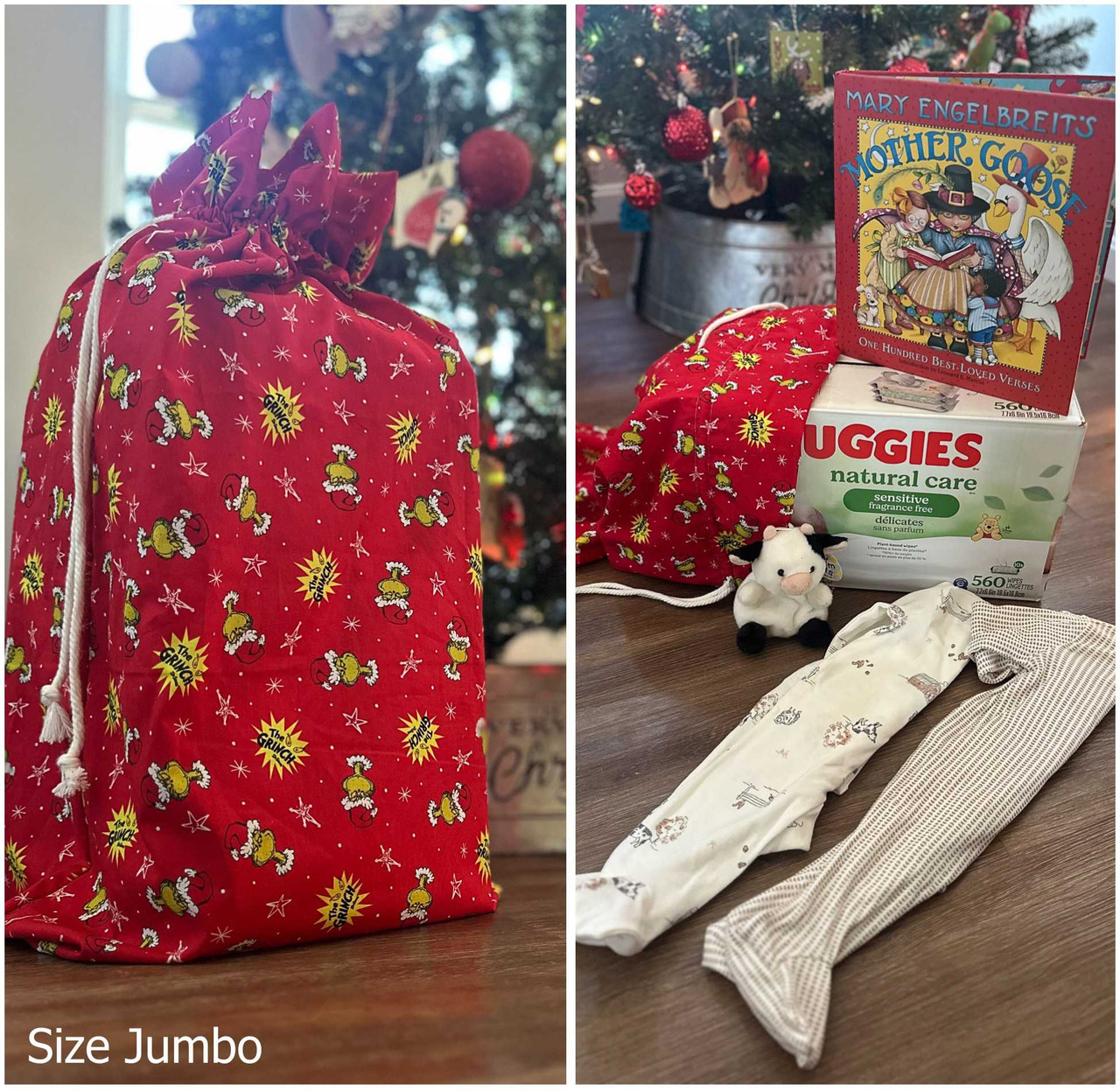 A photo of a finished Drawstring Gift Bag.