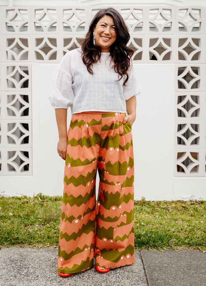 The designer's photo of a finished Fern Pleated Pants.