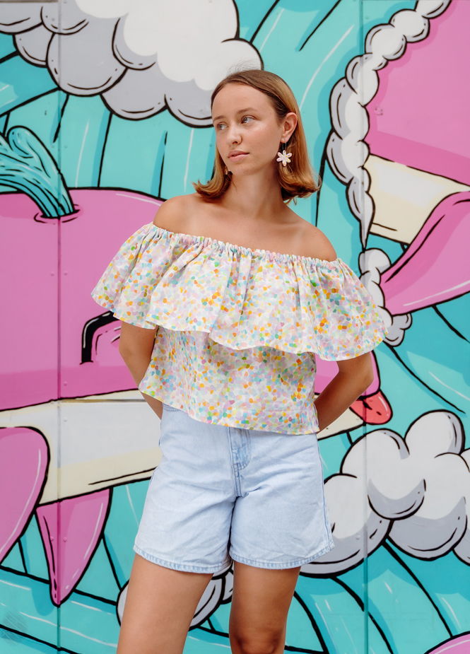 The designer's photo of a finished Valentine Ruffle Top.