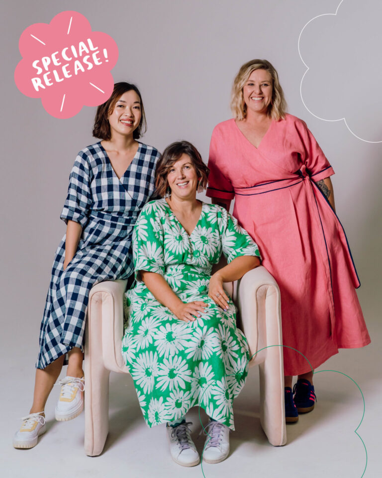 A photo of a finished Waratah Wrap Dress.