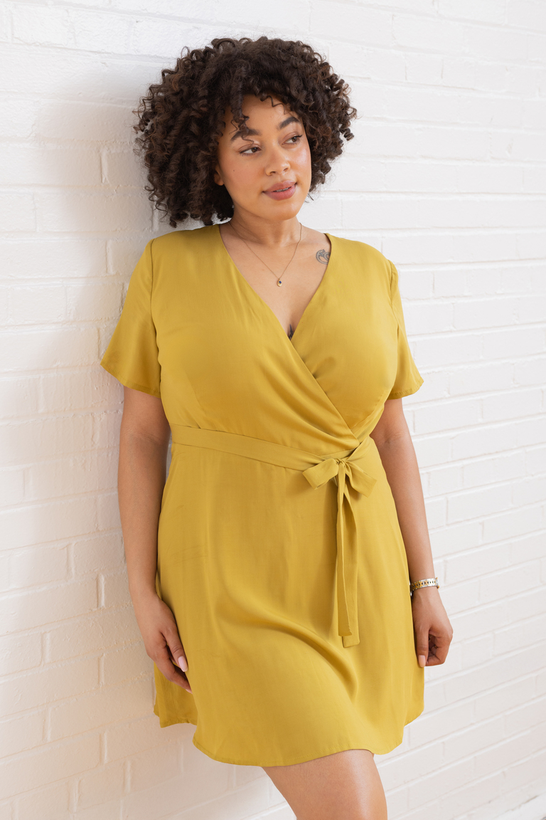 A photo of a finished Posie Surplice Wrap Dress.