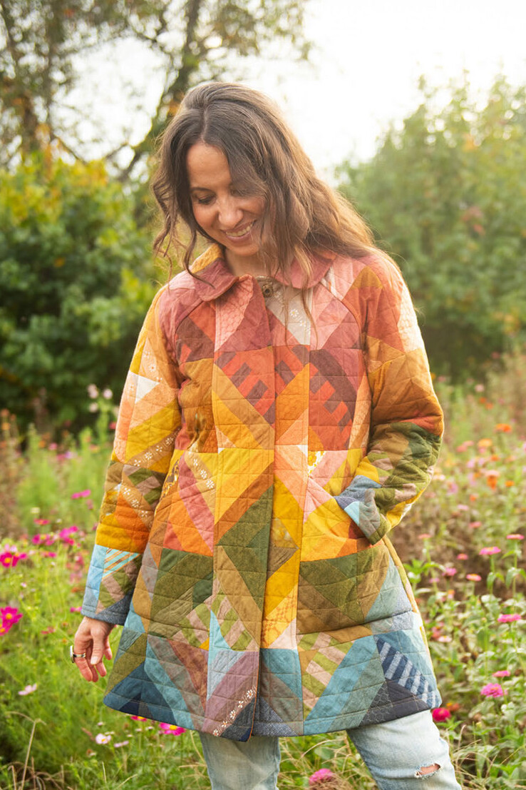 A photo of a finished Retazo Quilted Coat and Vest.