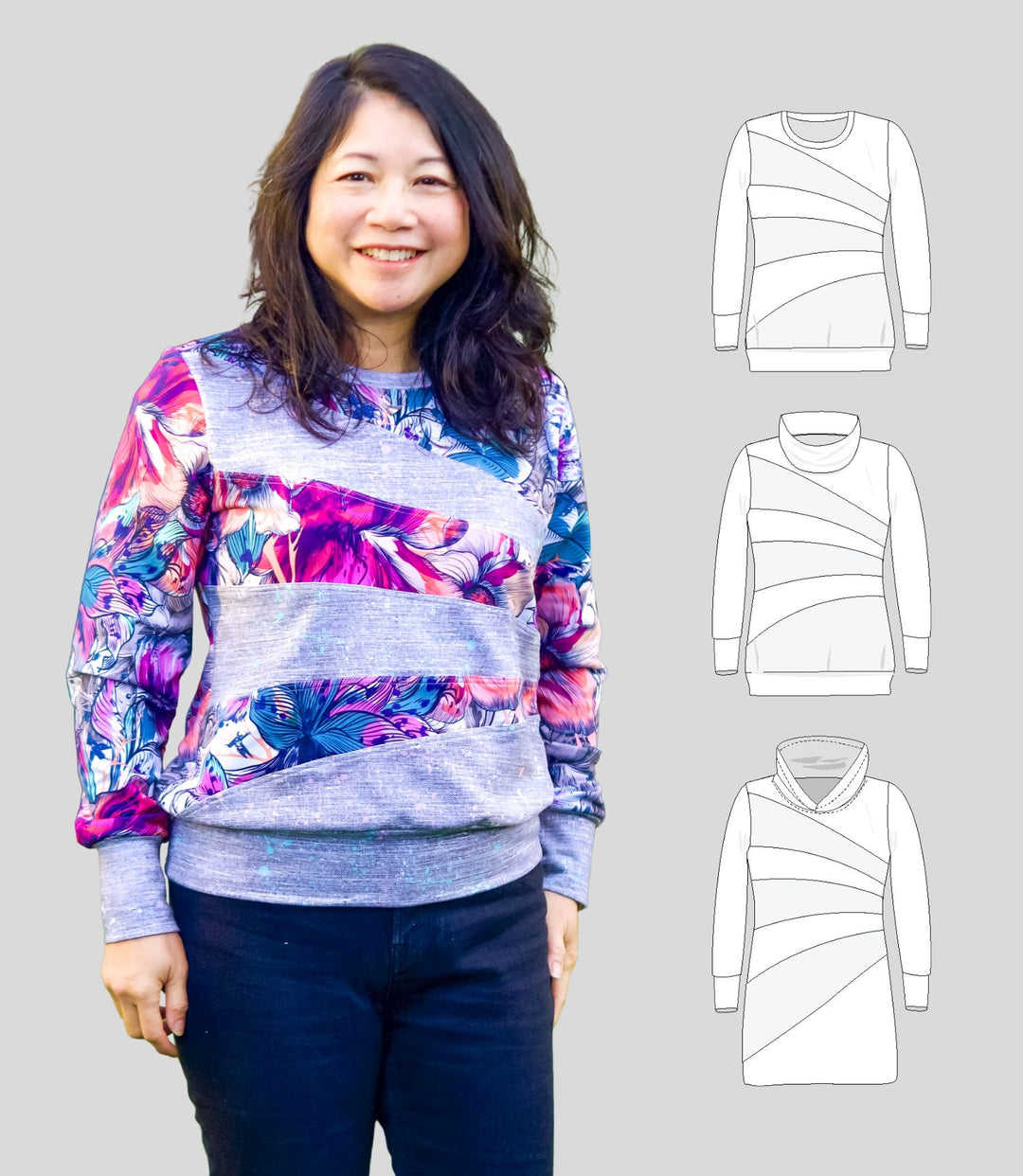 A photo of a finished Soho Colorblocked Pullover and Hoodie Dress.