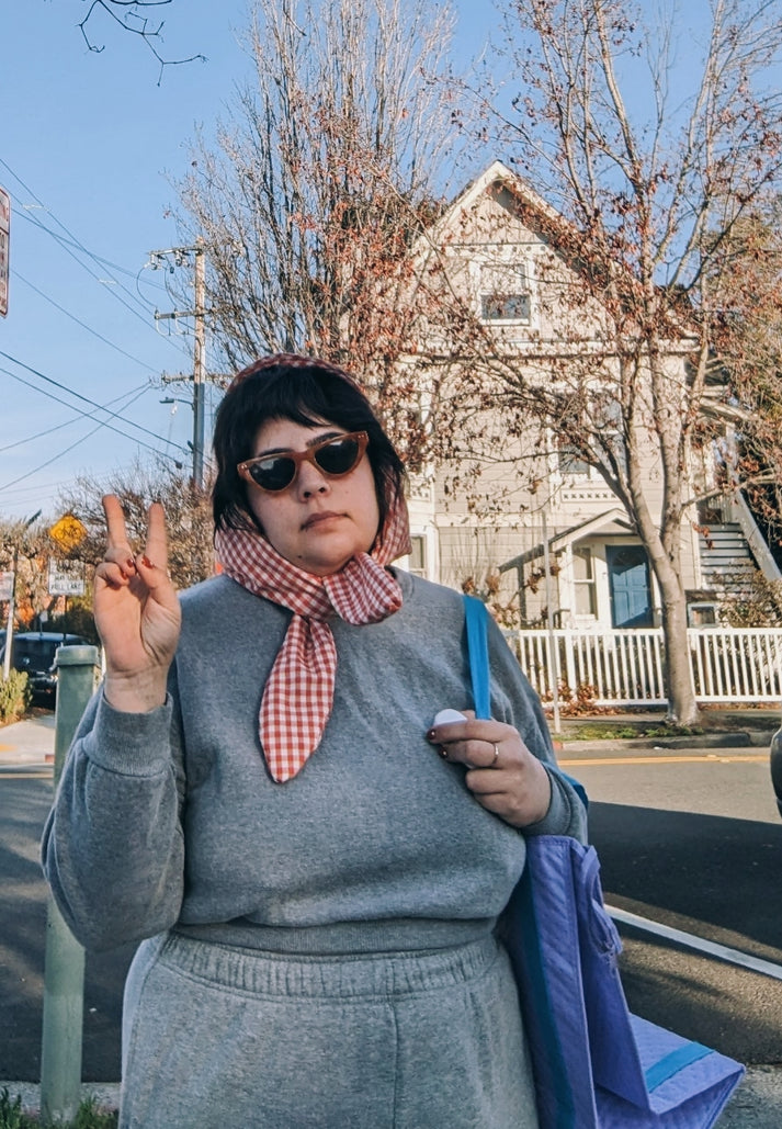 The designer's photo of a finished Pearl Headscarf.