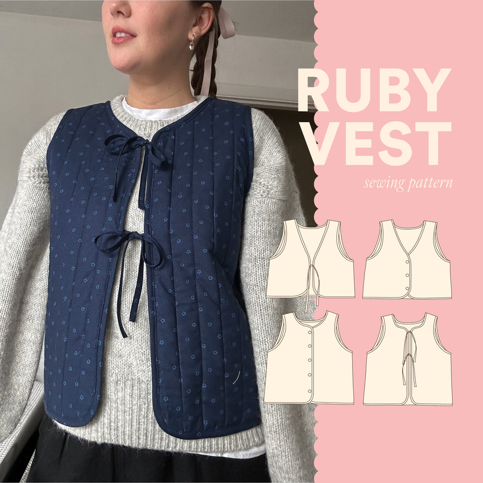The designer's photo of a finished Ruby Vest.