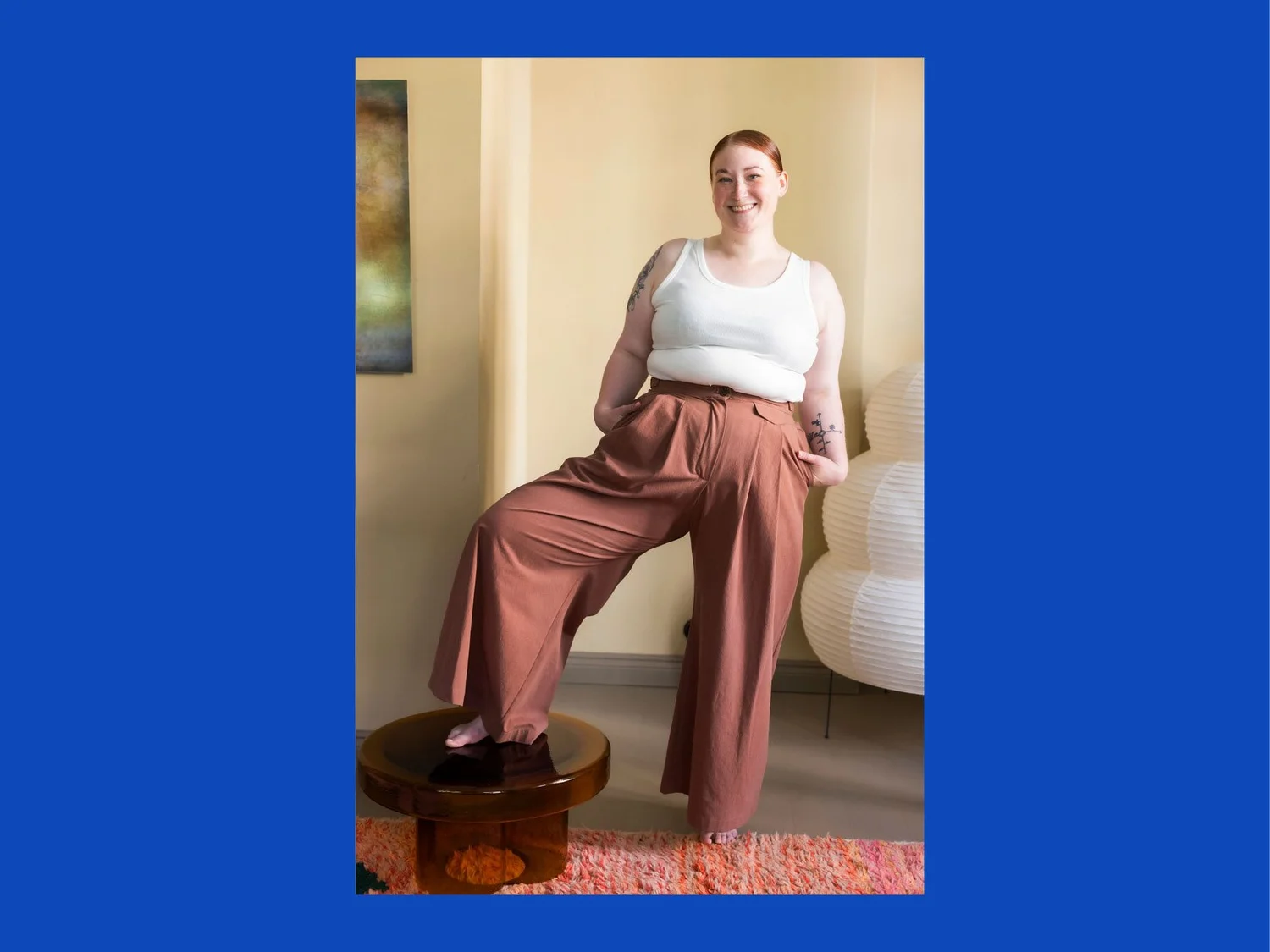 A photo of a finished Linden Trousers.