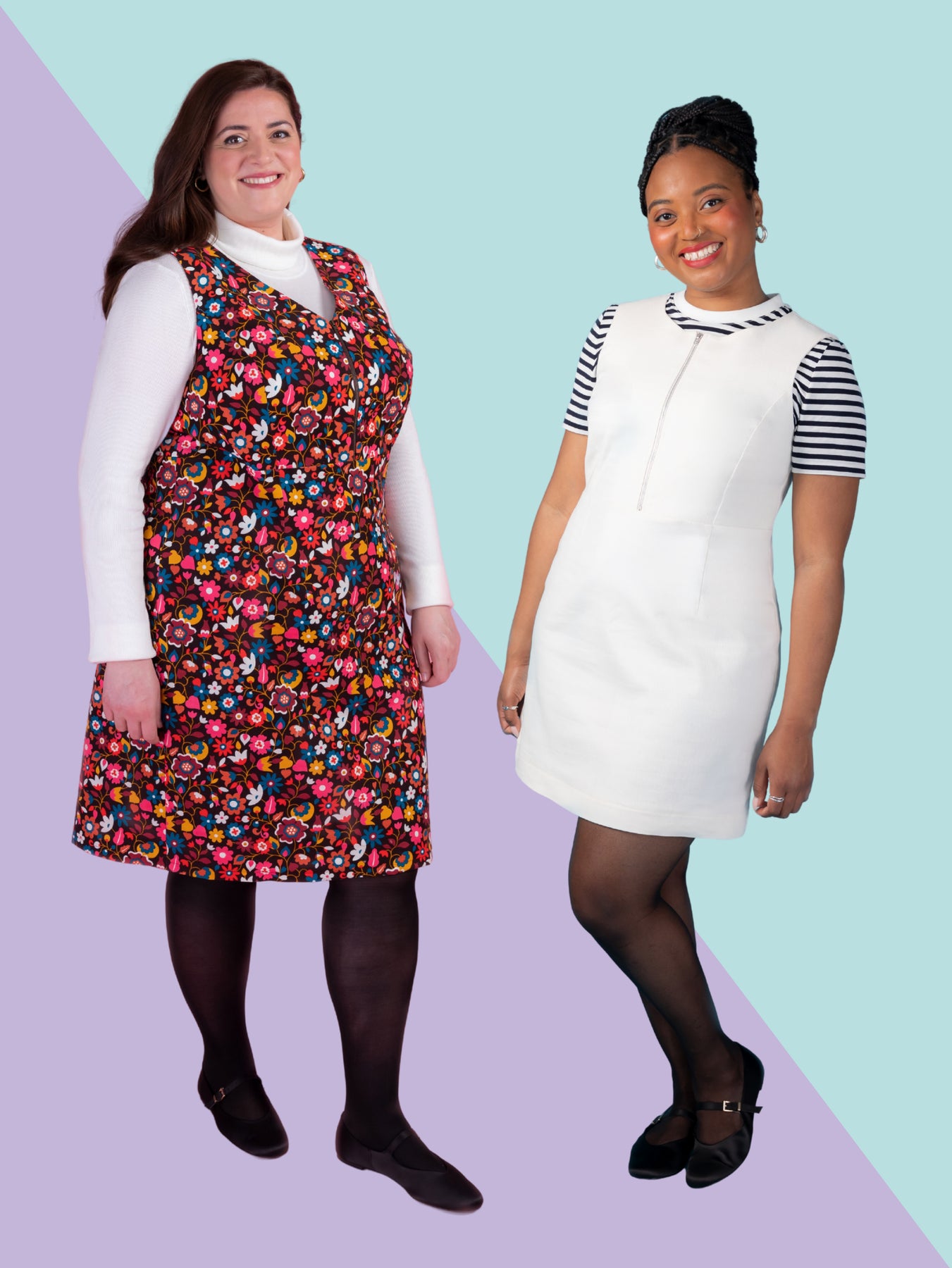 A photo of a finished Noa Pinafore.