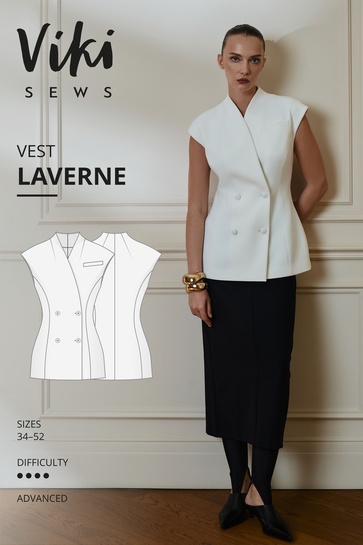 The designer's photo of a finished Laverne Vest.