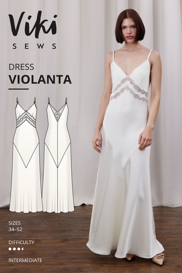 The designer's photo of a finished Violanta Bias Cut Dress.
